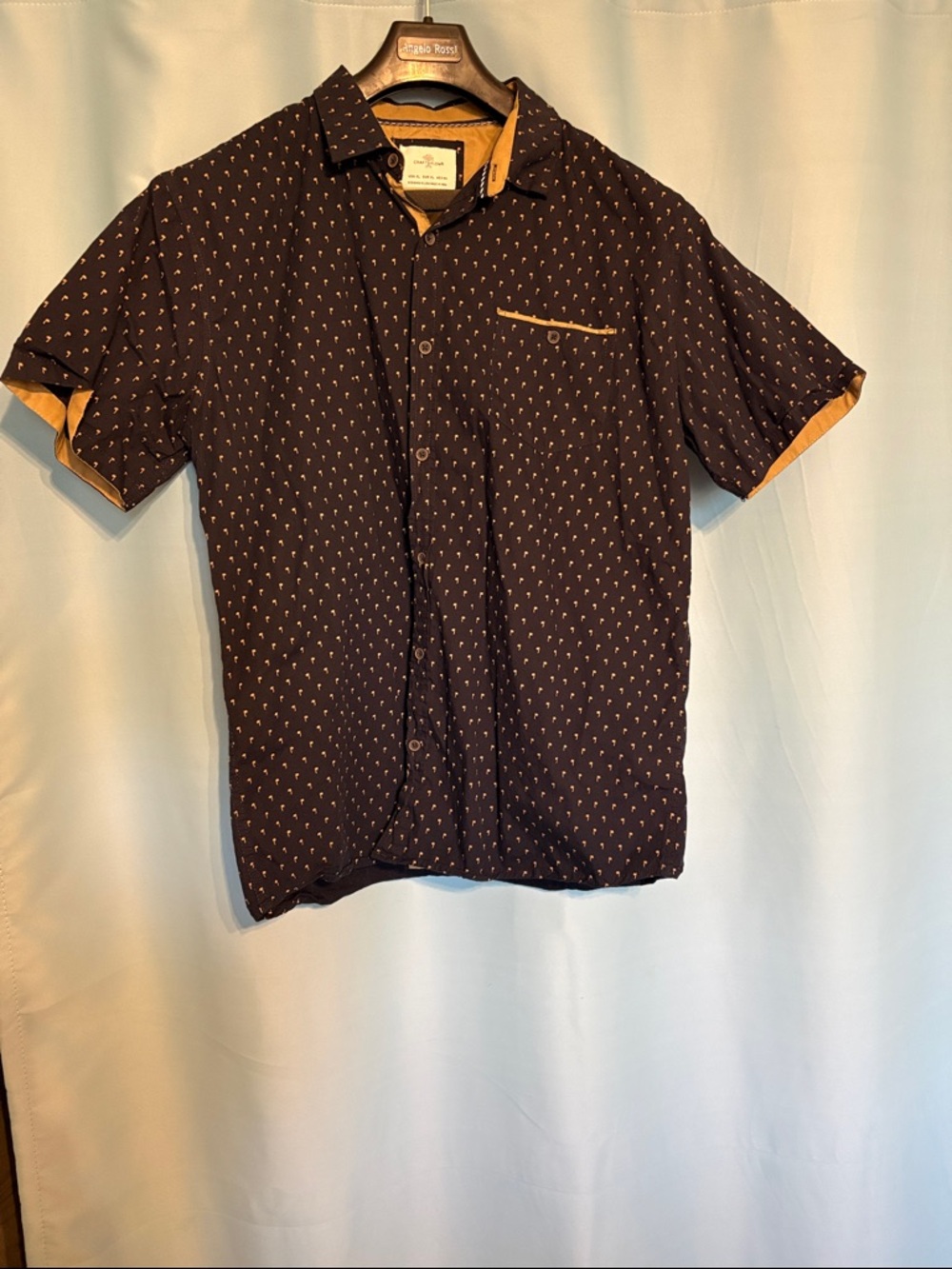 Men's Short-Sleeve Navy Button-Down Shirt with Tan Trim